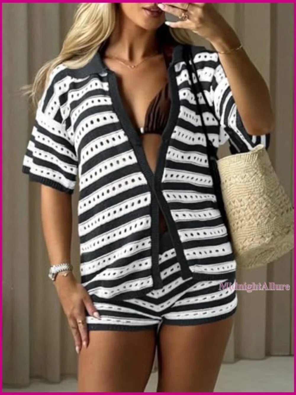 Women's Crochet Swimsuit Coverup 2 Piece Set Knit Button Shirt Shorts